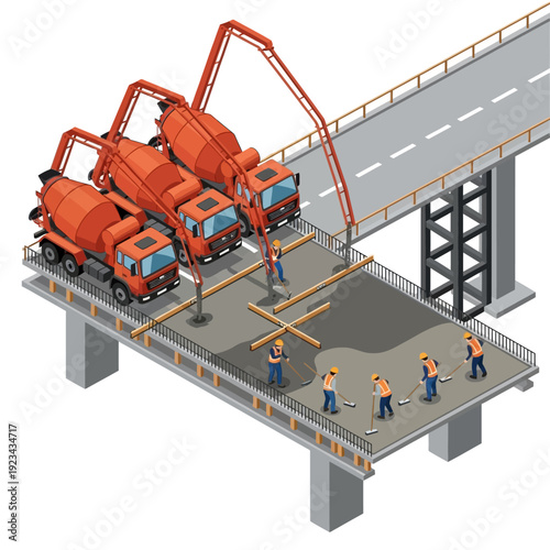 Construction workers pouring concrete on a bridge deck with cement mixers.