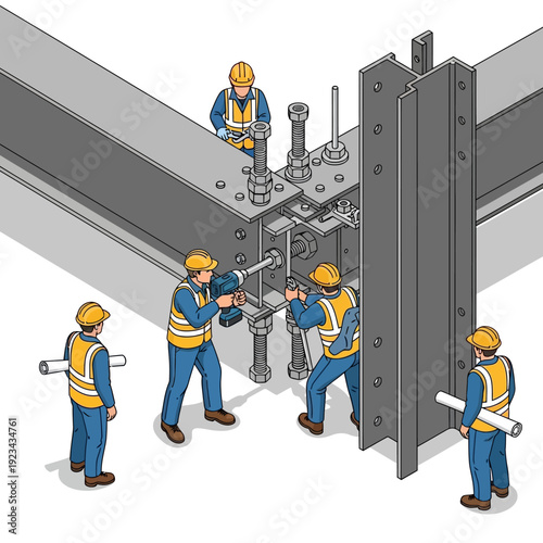 Construction workers assembling steel beams on a building site.