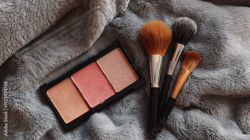 A beautiful set of professional makeup brushes and cosmetic powder isolated on a background for fashion and beauty face accessories