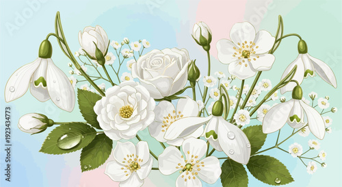 A beautiful arrangement of white roses, snowdrops, and delicate blossoms with green leaves and water droplets on a soft pastel background.