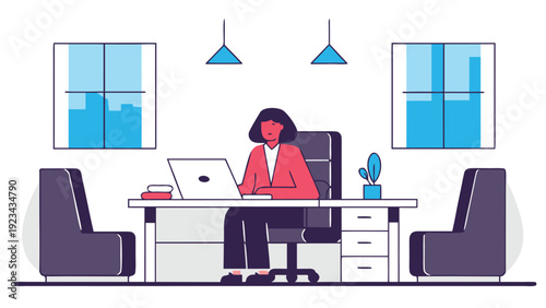 Businesswoman sitting at a large executive desk working on a laptop in a formal office with windows.