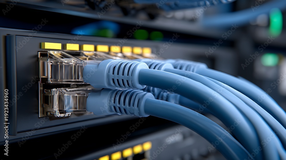 Naklejka premium Close-Up of Network Switch with Ethernet Cables and LED Indicators