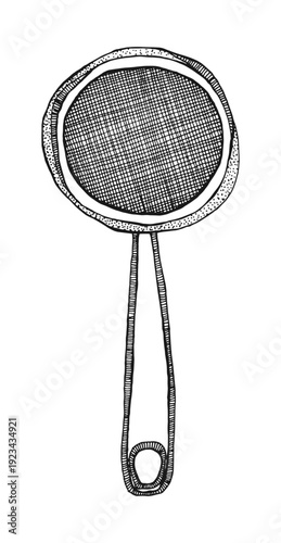 Hand drawn sketch kitchen strainer or sieve utensil. Fine mesh filter with handle. Vector illustration for culinary blogs recipe books, bakery branding, and tea infographics, stickers, packaging.