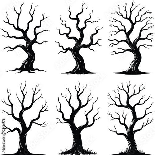 Black bare tree silhouettes collection with twisted branches isolated on white background spooky nature vector illustration set