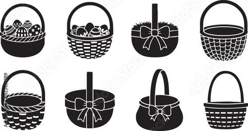 Eight black and white Easter baskets with eggs and ribbons