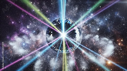 A glittering disco ball explodes with colorful light beams across a starry, cosmic background