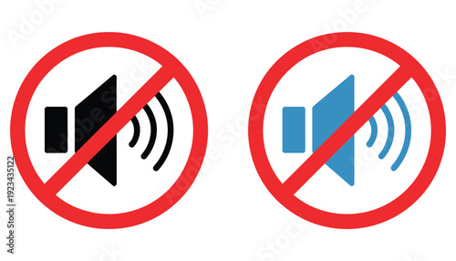 Silent Mode Set Icon, Mute Speaker Icon Set, Forbidden Sign, Turn Off the Sound Pictogram, Audio Control Symbols, No Sound Vector Illustrations, High Resolution, Flat Design.
