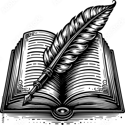 Words on Parchment: A classic black and white illustration depicts an open book with a quill poised, ready to transcribe stories. it evokes the charm of classic literature and the art of storytelling.