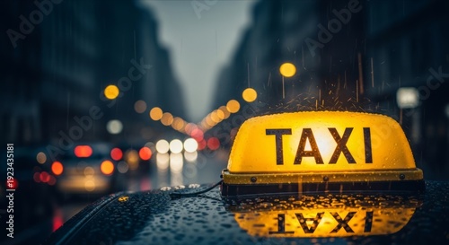 Glowing Taxi Sign on Rainy City Street with Blurry Background