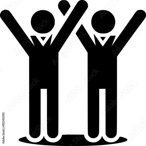 Unity and Celebration: Two figures in an icon of solidarity and jubilation, arms raised in a symbol of success and togetherness, a testament to shared achievement and common goals.