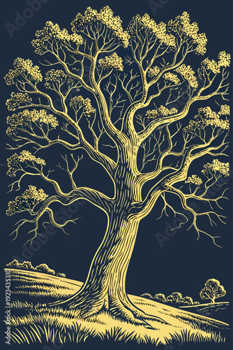 Oak Tree with Spreading Branches Golden Engraving Style Vector Illustration Dark Background