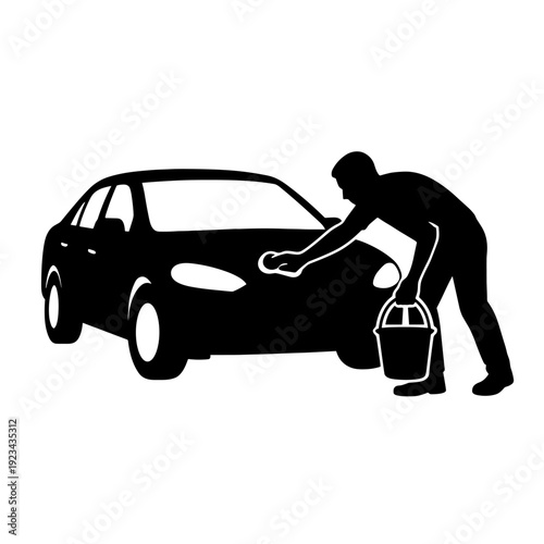 Person Washing Car with Bucket Cleaning Silhouette