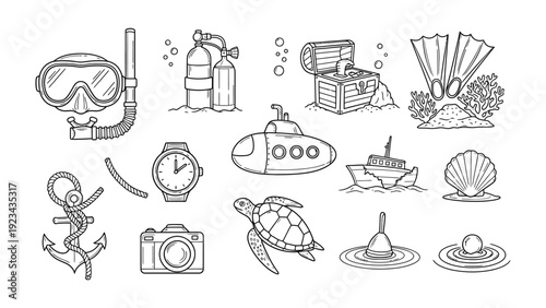 Underwater Explorer's Essentials: A whimsical assortment of aquatic elements, capturing the spirit of underwater exploration, from diving mask to submarine.