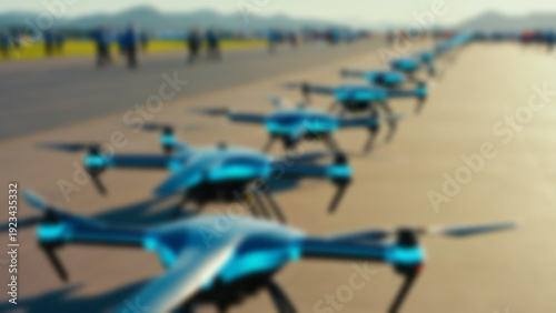 Blurred background of high-tech military drone airshow exhibition base, Detail: rows of glossy drones in metallic blue and silver, LED runway lights glowing neon, technicians in bright uniforms.