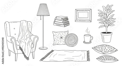 Cozy Living Room Elements Sketch Collection.