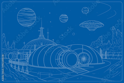 Futuristic space station with domed buildings and UFOs in the night sky with planets and stars  a scifi scene