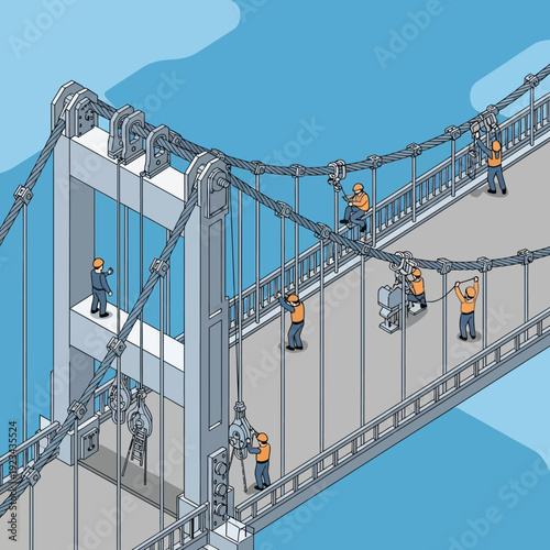 Construction workers repairing a suspension bridge over water.