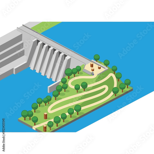 Isometric illustration of a hydroelectric dam with a park on an island.