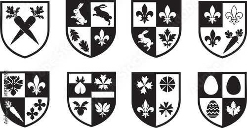 Eight black and white heraldic shields with various symbols and patterns