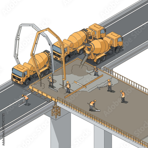 Construction workers repairing a bridge with concrete mixer trucks.