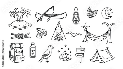 Camping and Outdoors Collection: A collection of various line-art elements depicting the essence of camping and outdoor adventures, ideal for illustrating themes of exploration and tranquility.