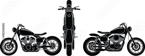 Classic motorcycle silhouette set, side and front view vintage motorbike isolated on white background for transport design