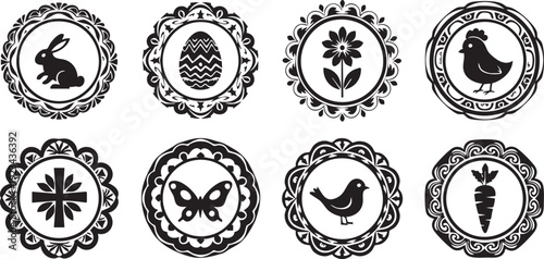 Eight black and white ornate circular with various Easter symbols and animals
