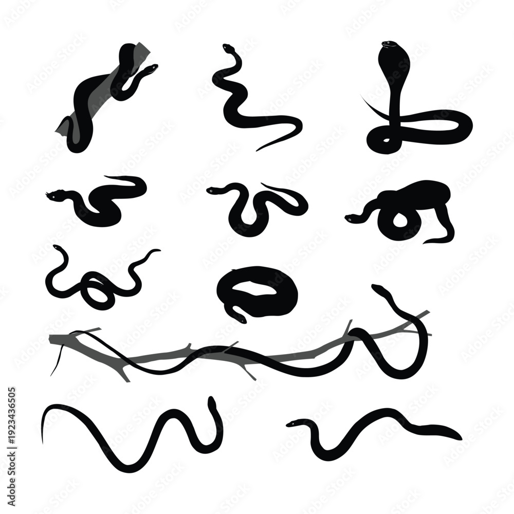 Fototapeta premium Set of snake black silhouette illustration on white background