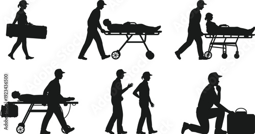 Paramedic and patient silhouettes set with stretcher transport emergency medical service workers isolated on white background vector illustration collection