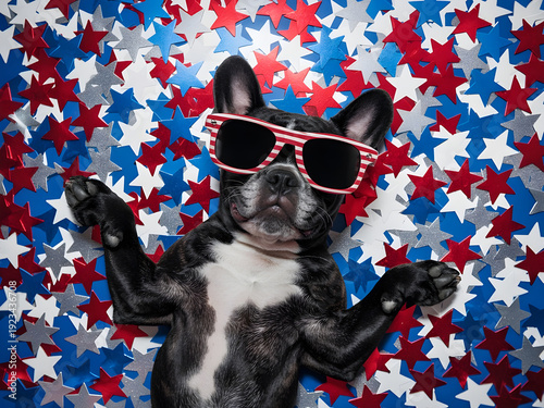 Patriotic French Bulldog wearing American flag sunglasses, funny dog lying on red white and blue stars, Fourth of July holiday pet portrait