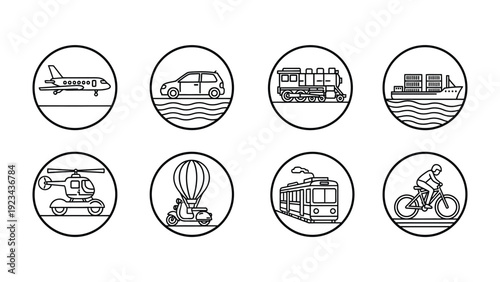 Transportation Icons: A collection of meticulously crafted icons, each representing a distinct mode of transportation, designed in a simple, elegant style suitable for various applications. 