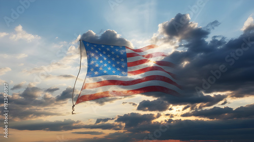 American flag waving in sky at sunset, patriotic United States flag with dramatic clouds and sun rays, national symbol of USA in golden hour light