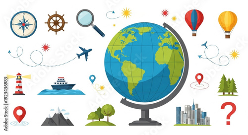 Travel and Exploration Icons with Globe Illustration.