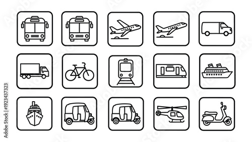 Transportation Icons: A collection of meticulously crafted, minimalistic icons representing various modes of transport, each contained within a neat square frame, ideal for a variety of applications.