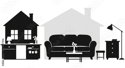 Silhouette of a living room interior with houses in the background.