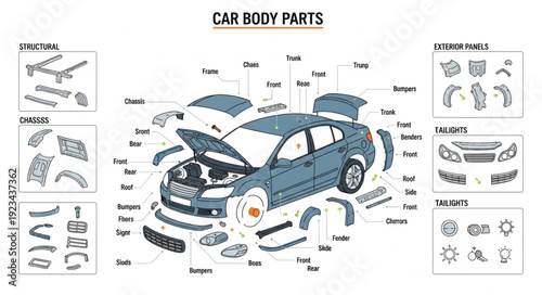Car Body Parts Diagram Illustration.