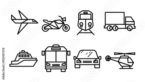 Transportation Icons in Outline: A collection of simple, black outline icons representing diverse modes of transport, ready to illustrate journeys and mobility.
