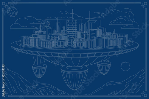 futuristic cityscape on a flying saucer in the sky with clouds and mountains  a utopian metropolis floating in air