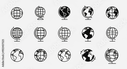 Collection of Globe Icons Representing World and Geography.