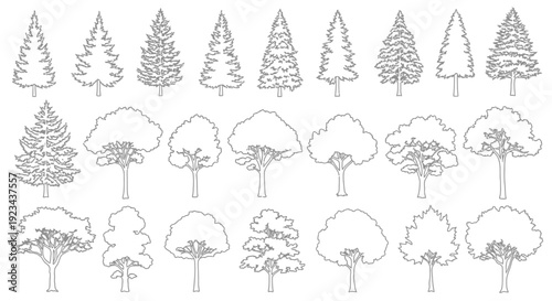 Collection of diverse tree outlines and line art drawings for graphic design resources.
