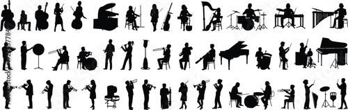 Silhouette musicians playing instruments, orchestra ensemble, jazz band, classical concert, vector illustration, music performance art for stock platforms