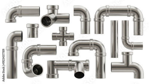 Collection of metal pipes and fittings industrial plumbing isolated on a transparent background