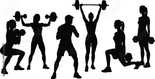 Fitness training silhouettes, group of athletes weightlifting with dumbbells and barbells performing strength workout exercises isolated on white background