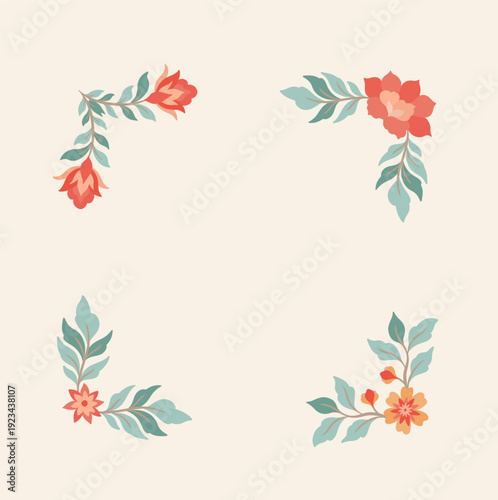 Mughal floral corner set, oriental ornamental frame corners, vintage ethnic design elements