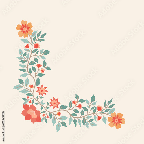 Mughal floral corner border, oriental ornamental frame element, vintage ethnic design