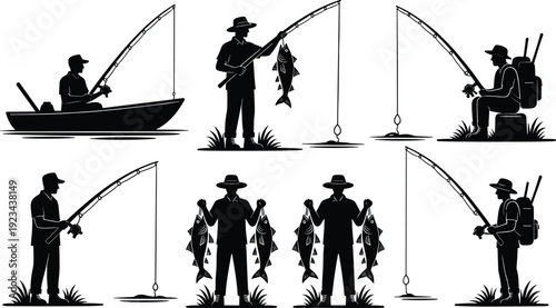 Fishing silhouettes collection, anglers catching fish with rod and reel on boat and lakeside isolated on white background