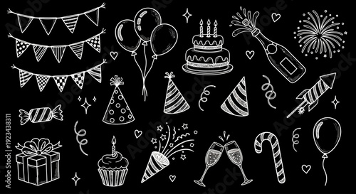A festive party scene with decorations, food, and drinks on a celebration background with dfghtred elements.