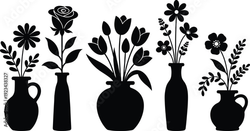 Flower vase silhouettes collection isolated on white background, decorative floral arrangement vector illustration set for home decor