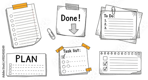 Various paper sheets with task lists and reminders are organized on a surface.