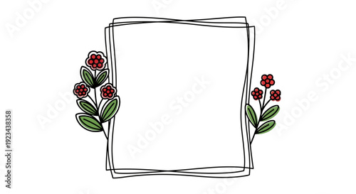 A minimalist drawing of a blank rectangle with floral motifs on either side.